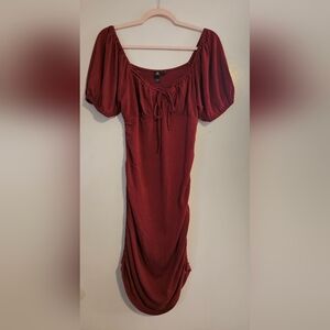 Volcom Rust Midi Dress with Puff Sleeves